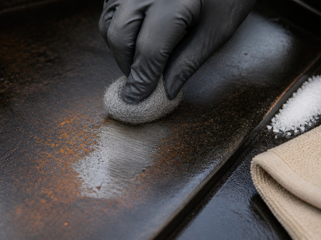 Removing rust from a griddle surface with steel wool and salt scrub
