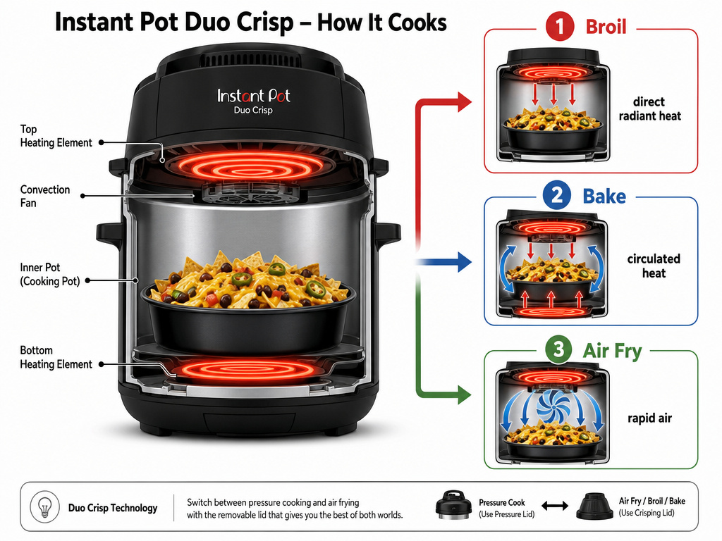 Diagram comparing broil, bake, and air fry functions in an Instant Pot.