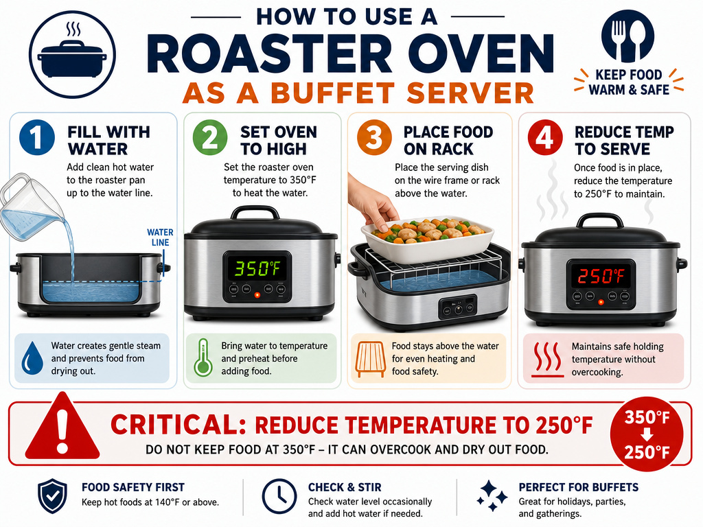 Infographic on roaster oven water level and temperature for buffet serving safety.