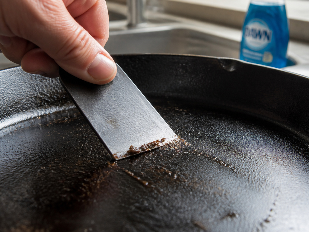 Metal spatula scraping a seasoned cast iron skillet during cleaning