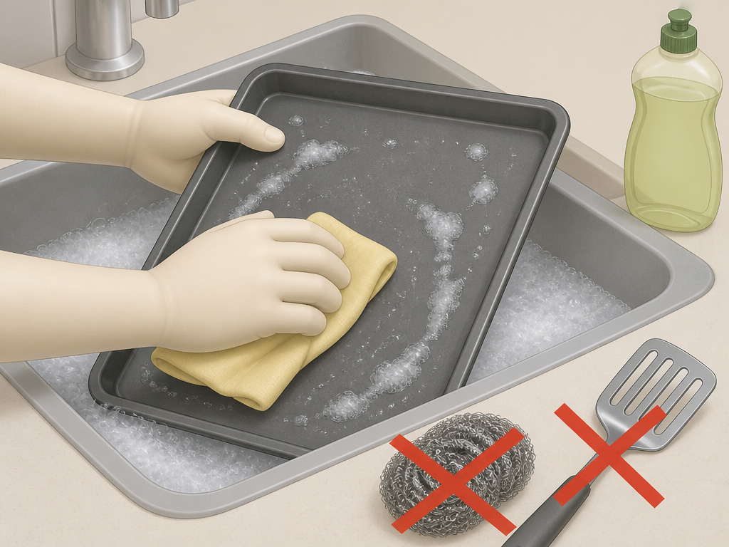 Proper hand-washing technique for aluminized steel bakeware with prohibited tools.