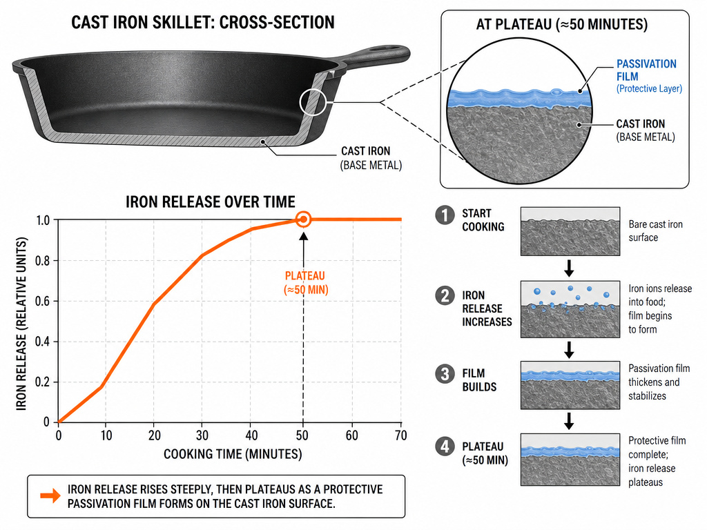 Graph showing iron release from skillet plateauing after 50 minutes due to passivation film.