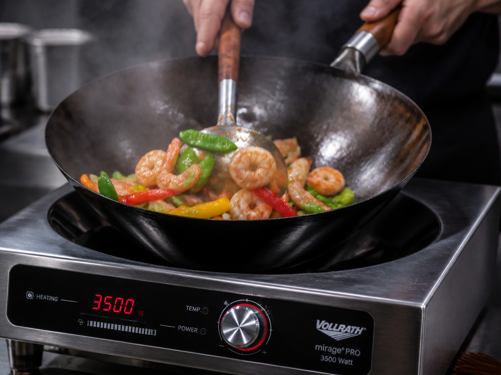Close-up of a dedicated countertop induction wok unit stir-frying food on its curved glass surface.