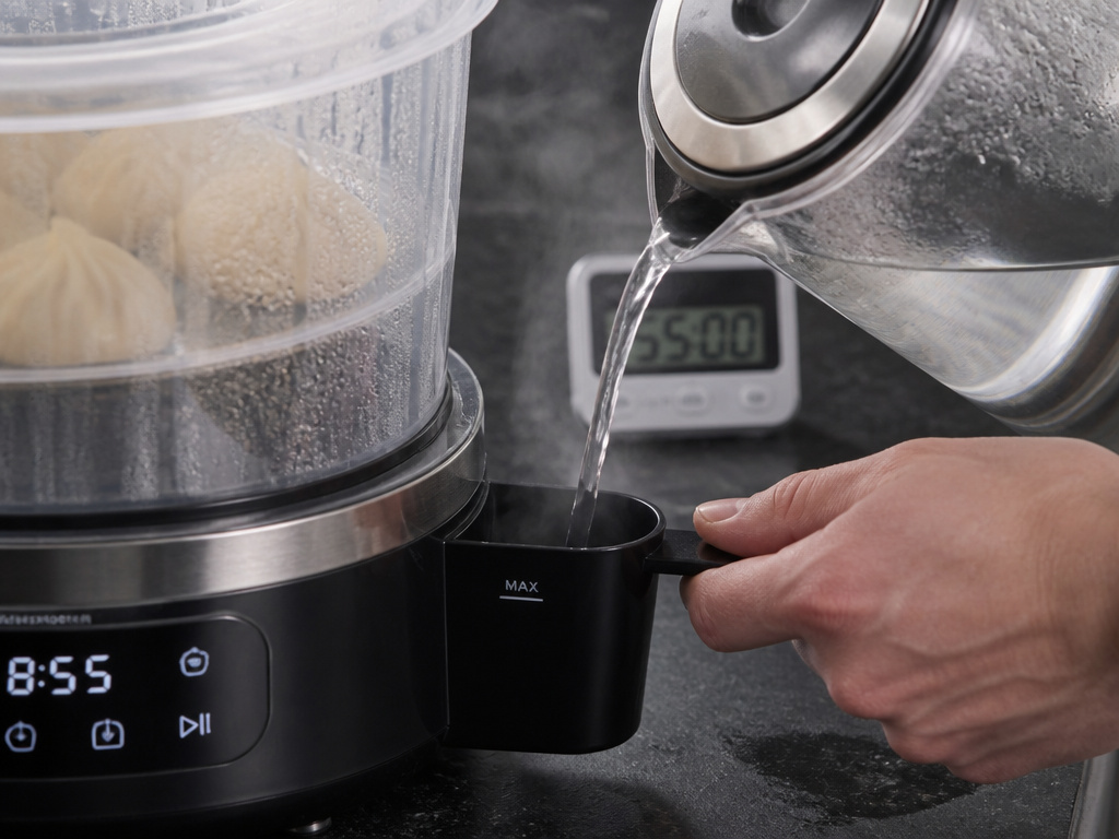 Refilling a dumpling steamer's reservoir with boiling water during cooking.