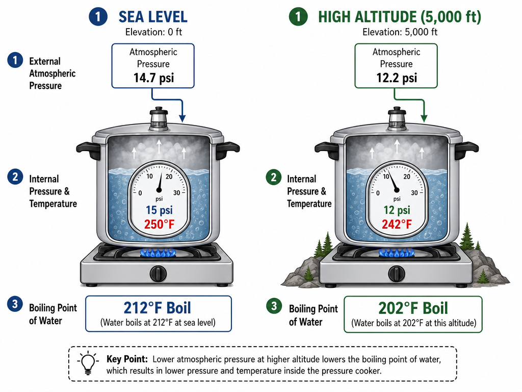 How altitude lowers pressure cooker temperature and performance diagram