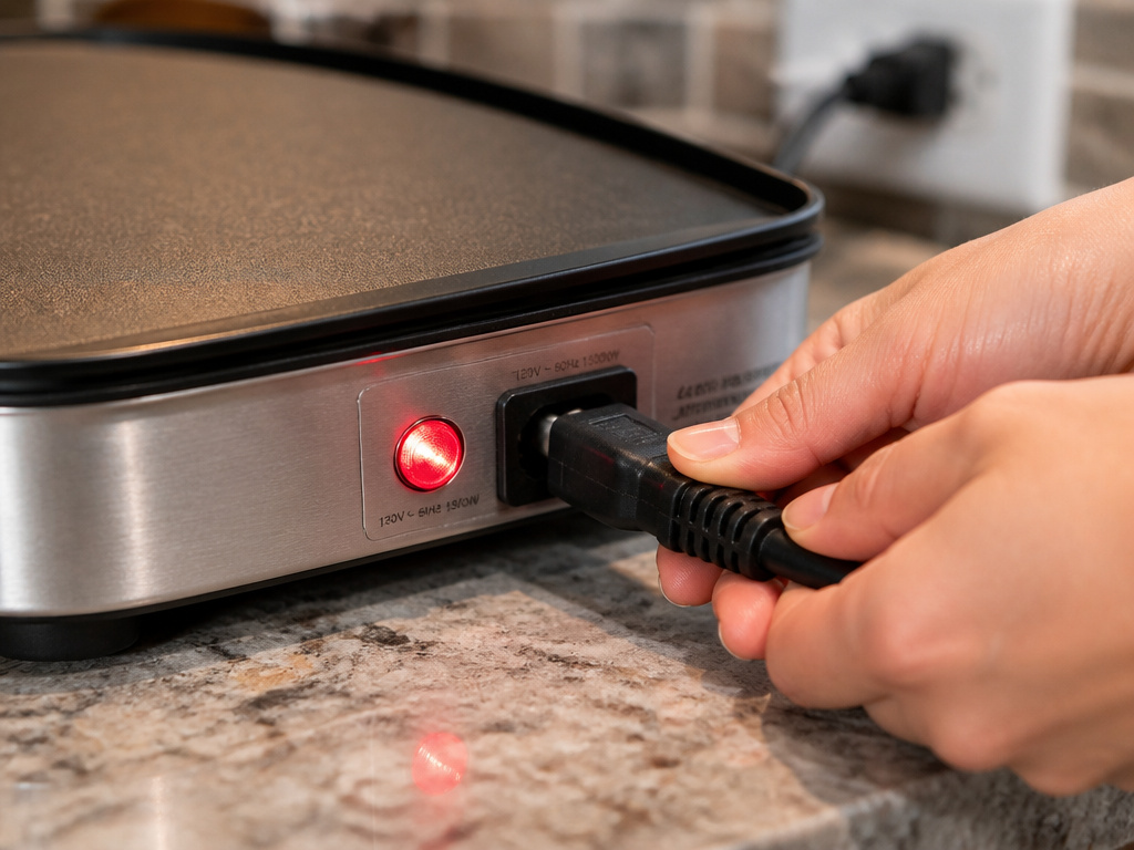 Hands plugging power cord into an electric griddle with preheat light on