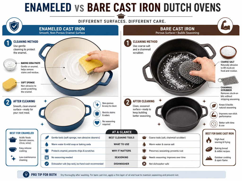 Comparison of cleaning methods for enameled versus bare cast iron scorched dutch ovens.