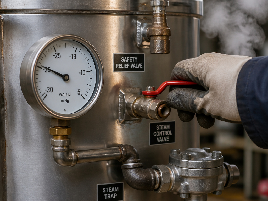 Close-up of steam pot components: control valve, pressure gauge, and safety valves.