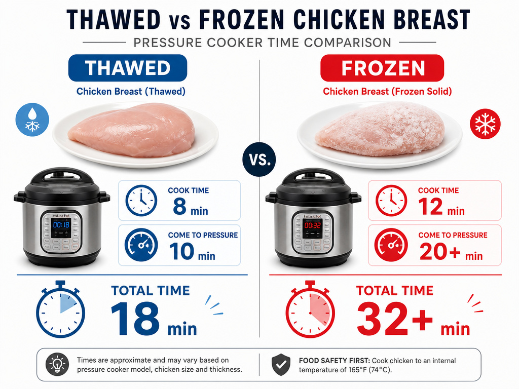Infographic comparing pressure cooker times for frozen vs thawed chicken