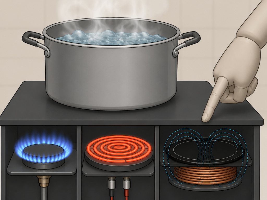 Boiling water on a griddle over gas, electric, and induction cooktops.