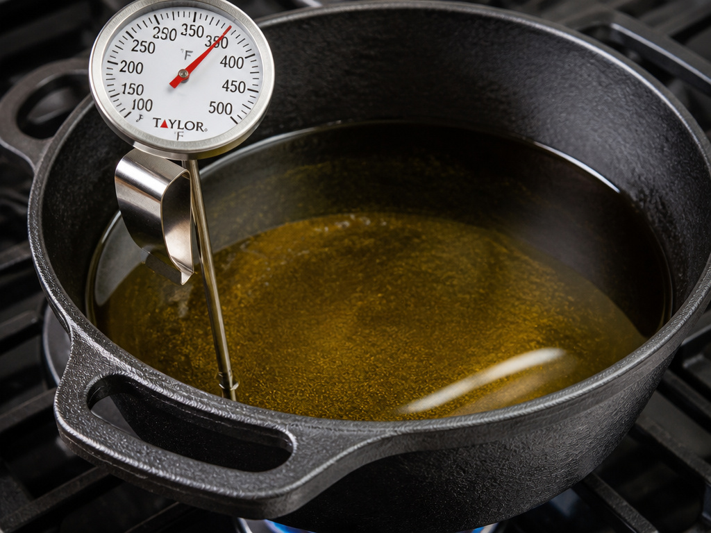Deep-fry thermometer monitoring oil temperature in a Dutch oven for frying.