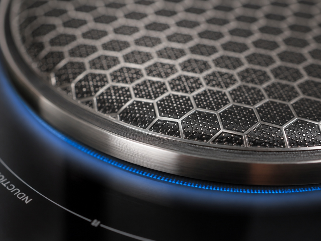 Close-up of HexClad pan's magnetic base on an active induction cooktop.