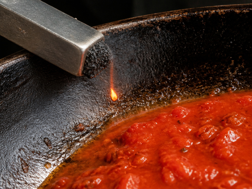 Cast iron skillet leaching elemental iron into tomato sauce for nutritional benefit.