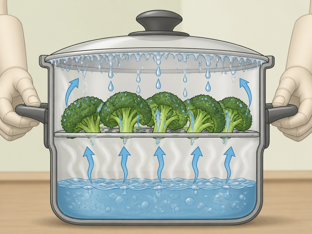 Cross-section diagram showing how steam transfers heat to food in a pot.
