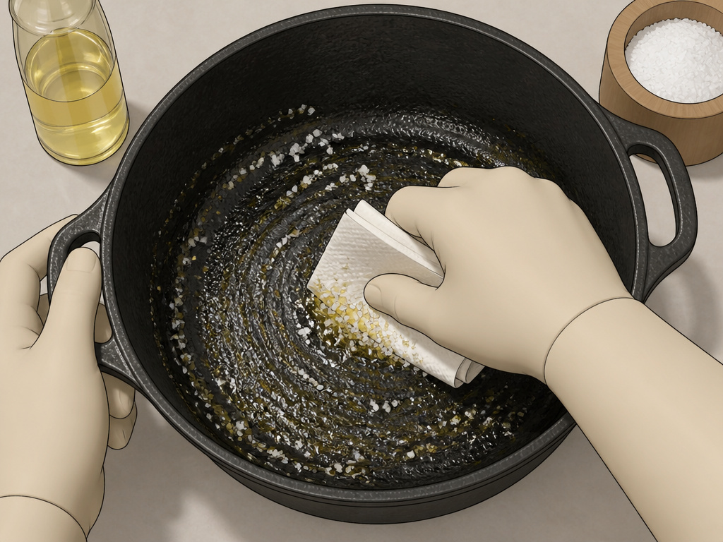 Cleaning a scorched cast iron Dutch oven with a salt and oil scrub method.