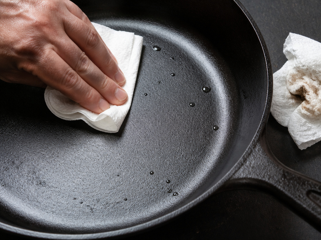 Buffing excess oil from a cast iron skillet to prevent sticky residue.