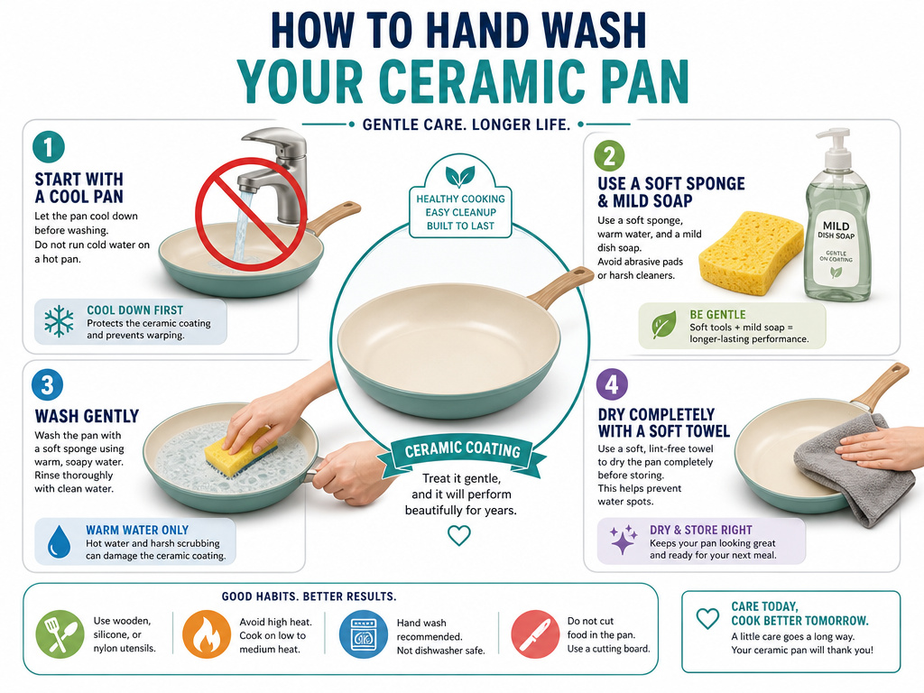 Four-step infographic for properly hand washing ceramic-coated cookware.