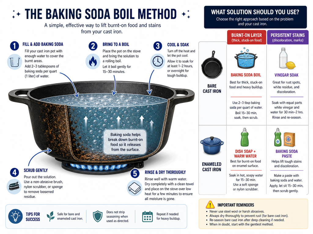 Infographic showing the baking soda boil method for cleaning a burnt cast iron Dutch oven.