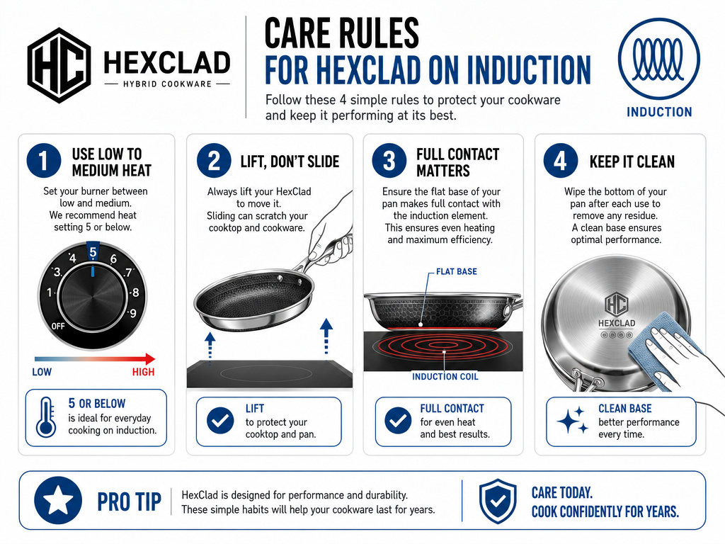 Infographic on HexClad induction compatibility symbol and proper use steps.