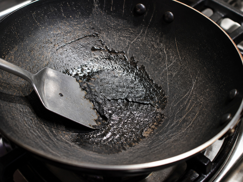 Close-up of a damaged non-stick wok coating showing stickiness, peeling, and scratches.