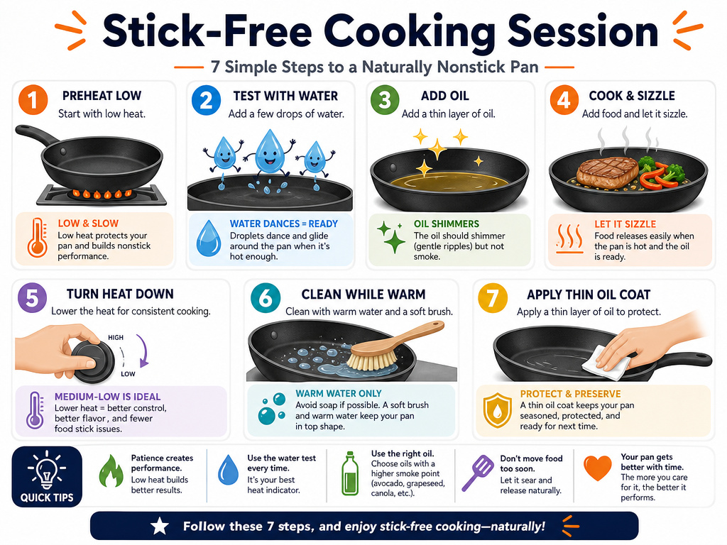 Step-by-step infographic guide for preventing food from sticking to cast iron.