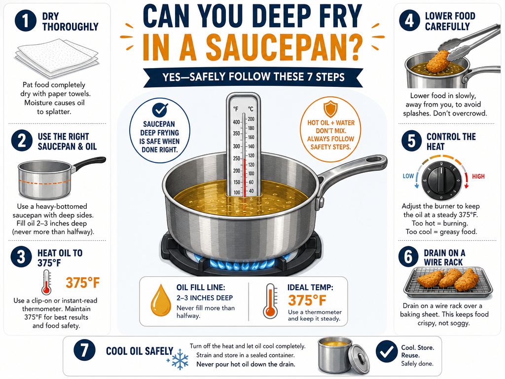 Step-by-step infographic for safely deep frying in a saucepan at home.