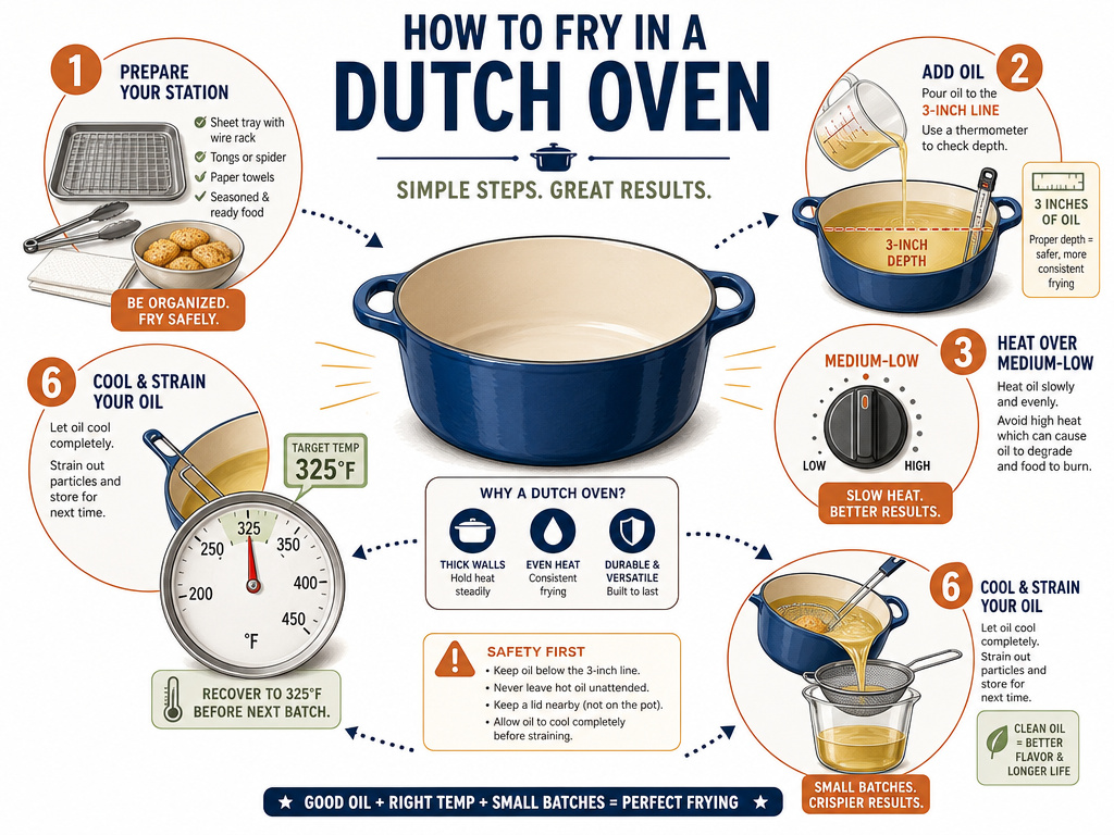 Step-by-step infographic for safely frying food in a Dutch oven.