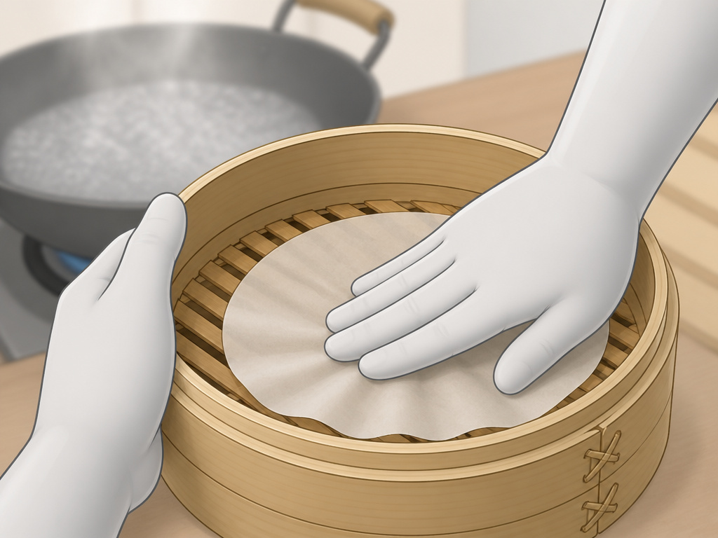 Hand placing parchment paper liner into an empty bamboo steamer basket.