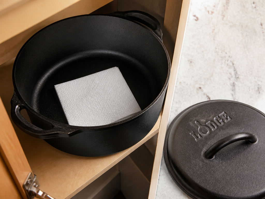 Proper dry storage for a Dutch oven with lid separated.