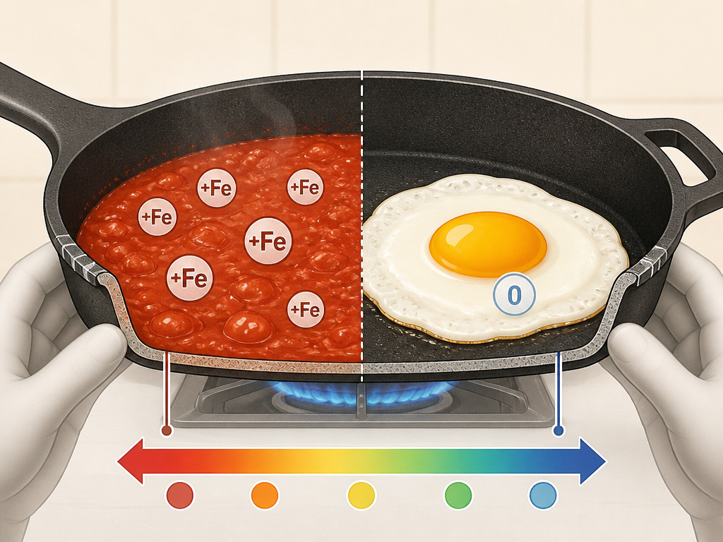 Cartoon comparing iron release from acidic tomato sauce versus neutral egg in skillet