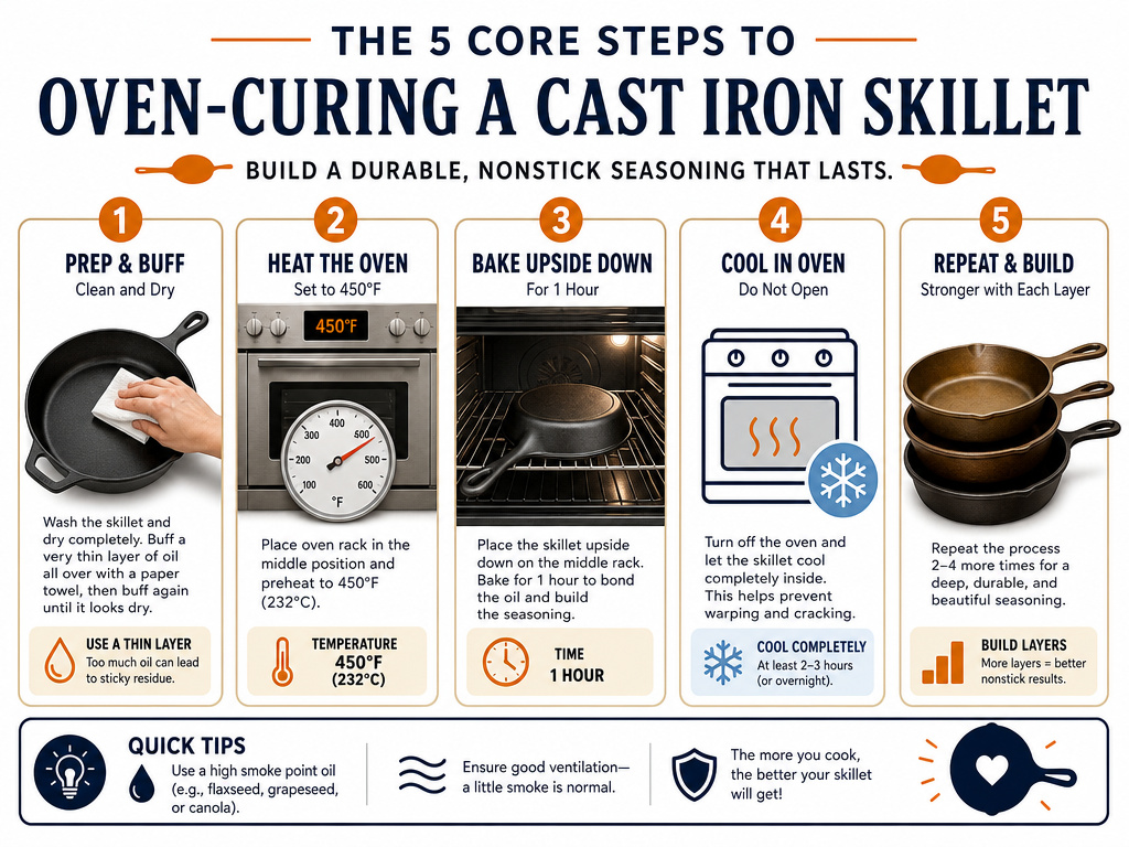 Step-by-step infographic for oven-curing and seasoning a cast iron skillet.