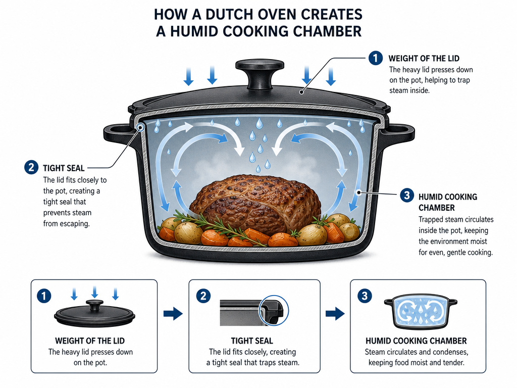Diagram showing how a Dutch oven's heavy lid seals in steam for cooking.