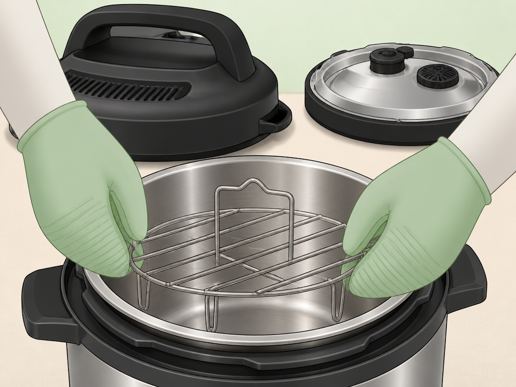 Installing the cooking rack into an Instant Pot for the broiling function setup.