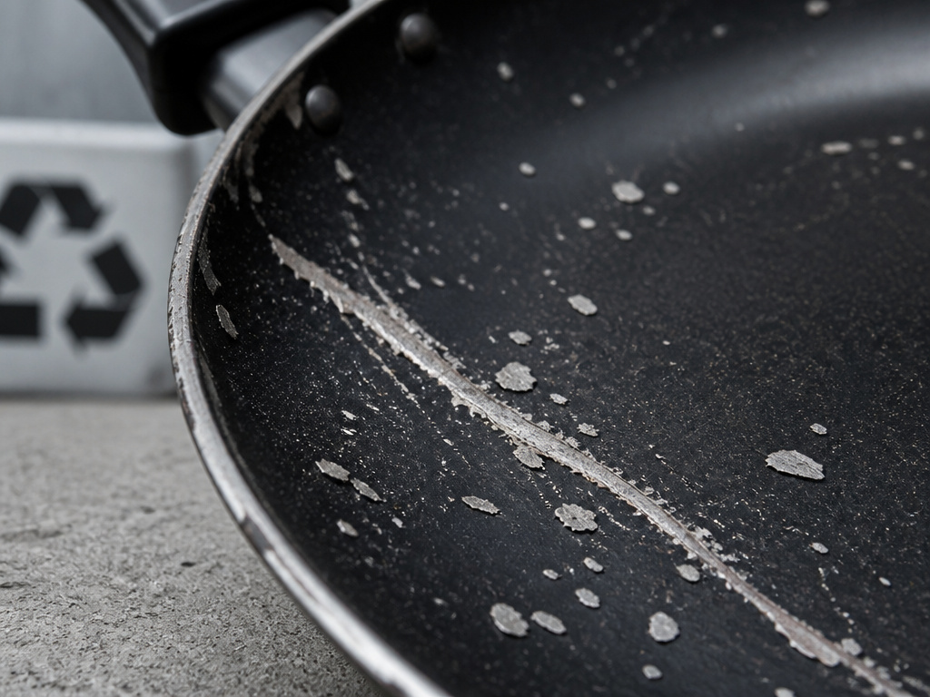 Close-up of a damaged nonstick pan with deep scratches and flaking coating.