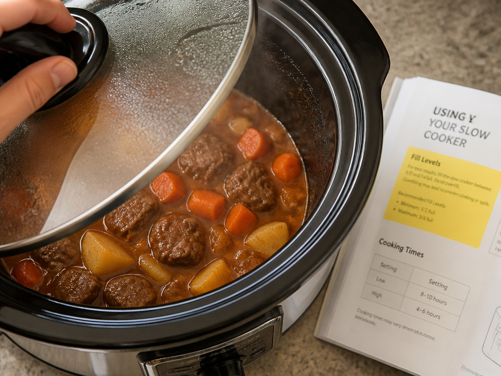 Slow cooker with lid being lifted, showing correct half-full fill level of stew beside manual.