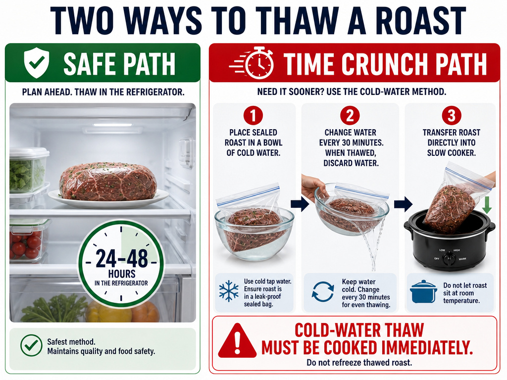 Infographic comparing safe thawing methods for a frozen roast before slow cooking