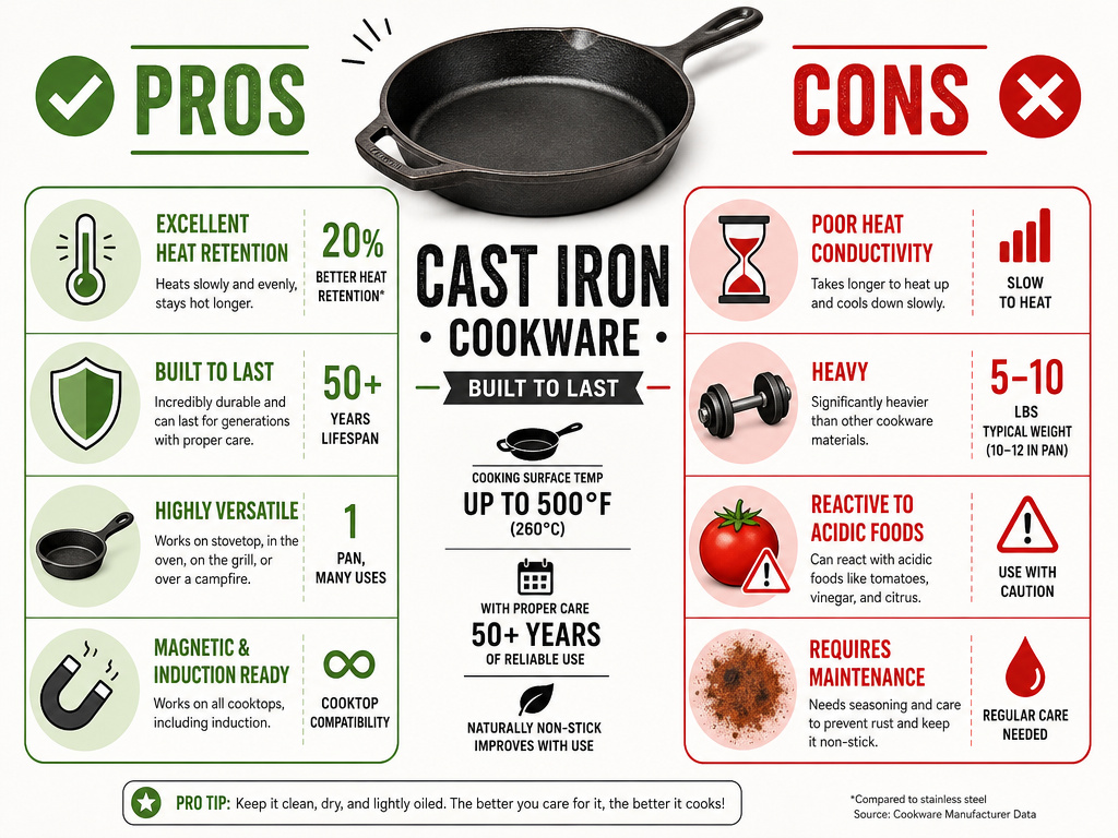 Infographic comparing the advantages and disadvantages of cast iron pans
