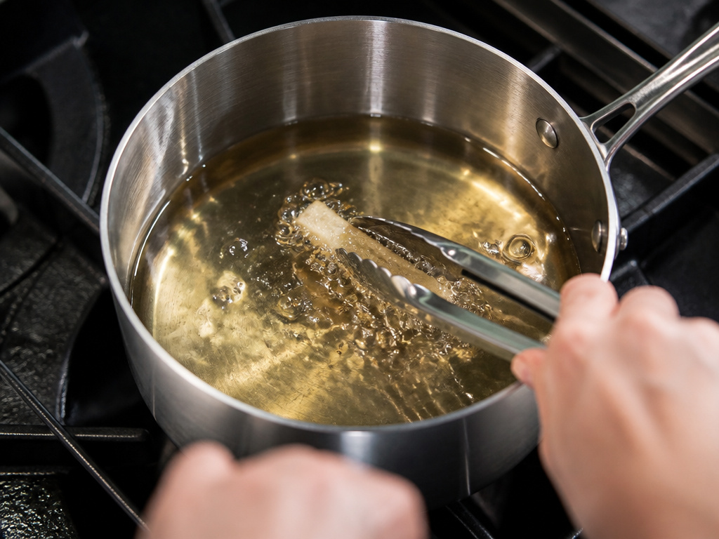Deep frying food in a stainless steel saucepan with tall, straight sides.