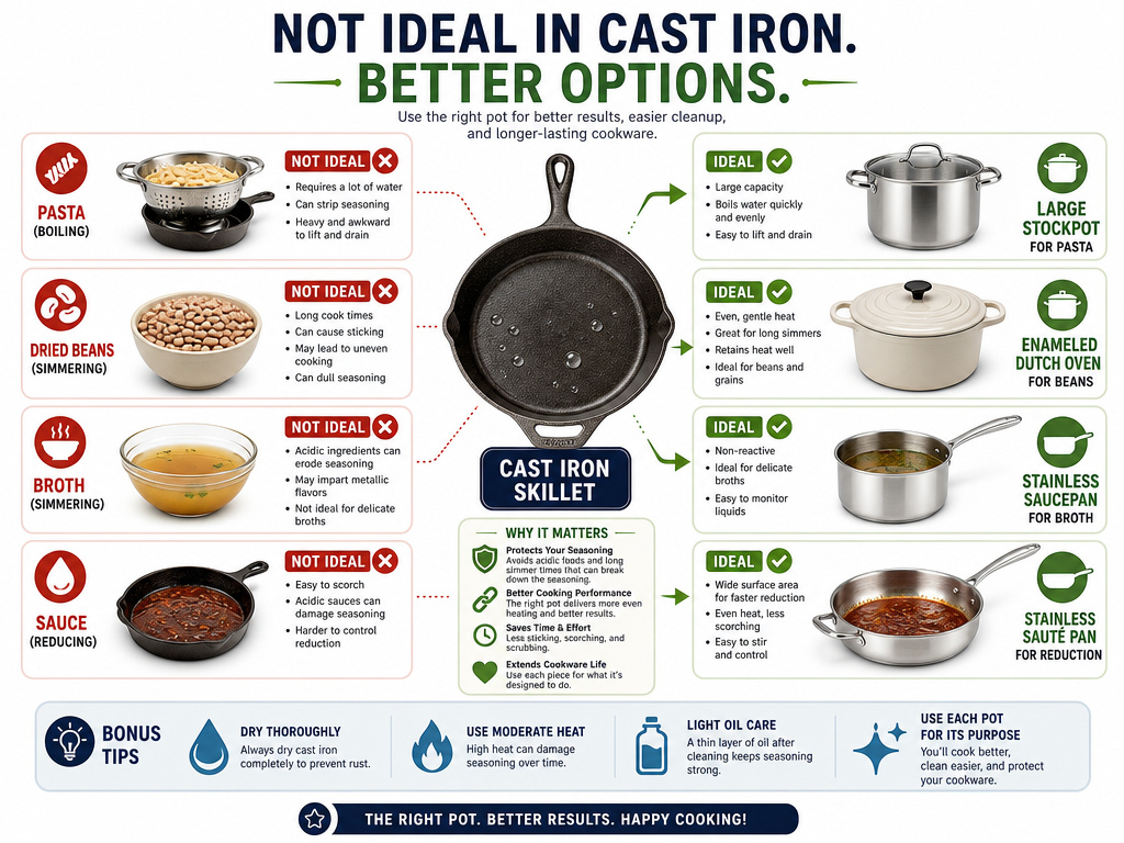 Infographic showing when to use other cookware instead of a cast iron skillet.