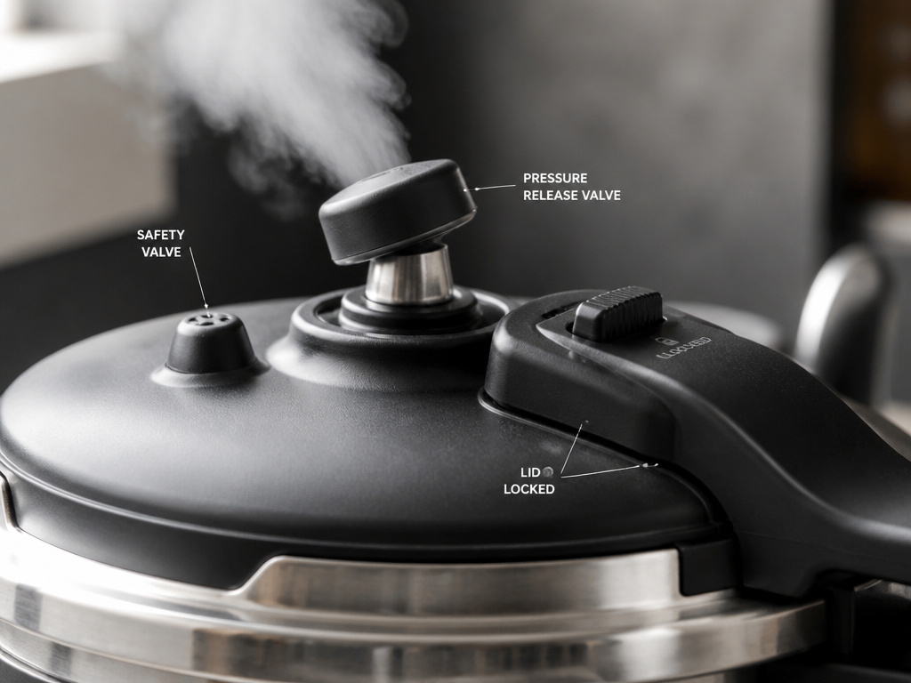 Close-up of a pressure cooker's safety valves and lid lock mechanism.