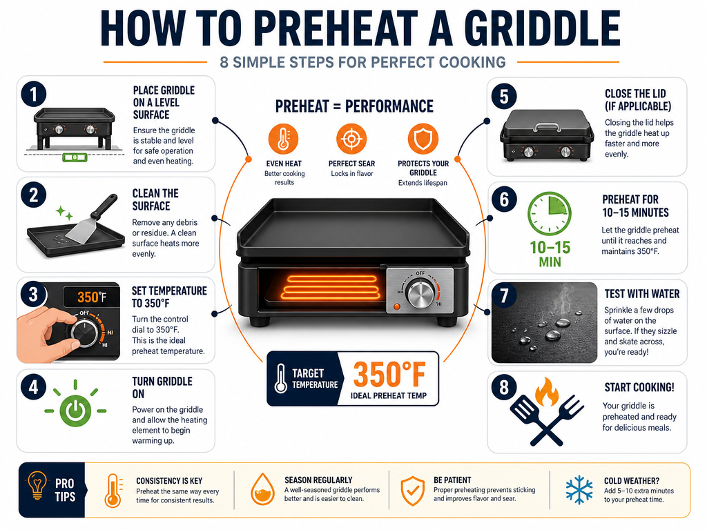 Step-by-step infographic on how to properly preheat a flat top griddle.