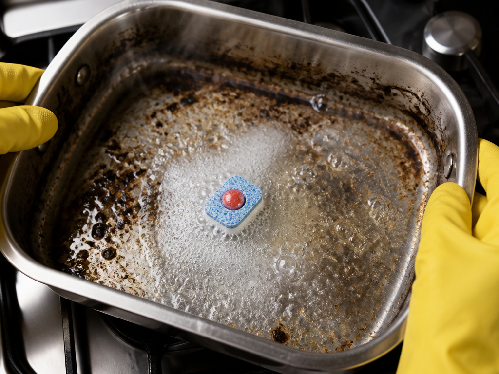 Cleaning a burnt roasting pan with a dishwasher tablet and boiling water method.
