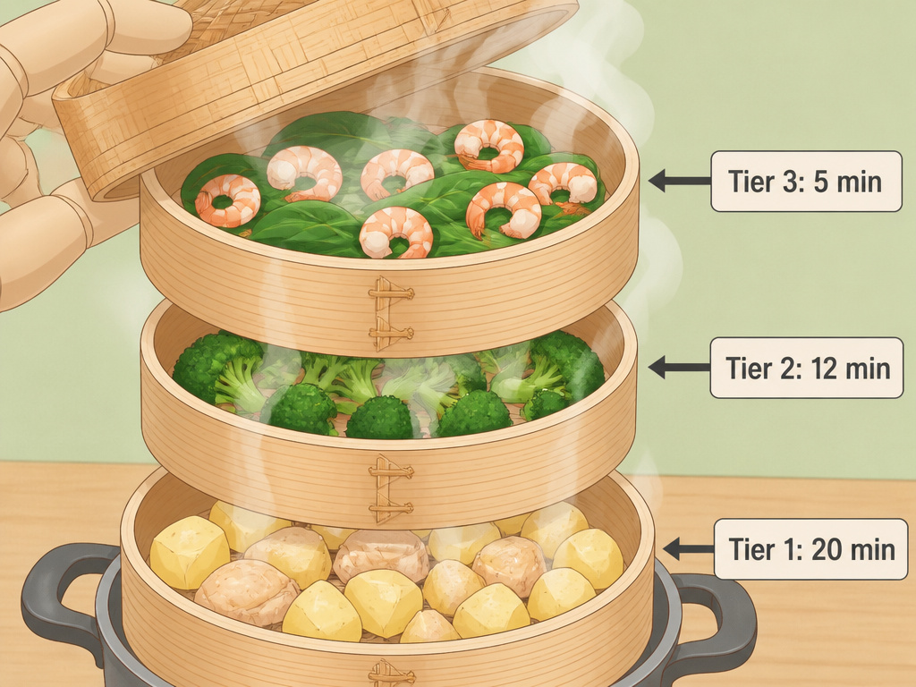 Diagram of a multi-level steamer basket showing tiered cooking strategy for a complete meal.