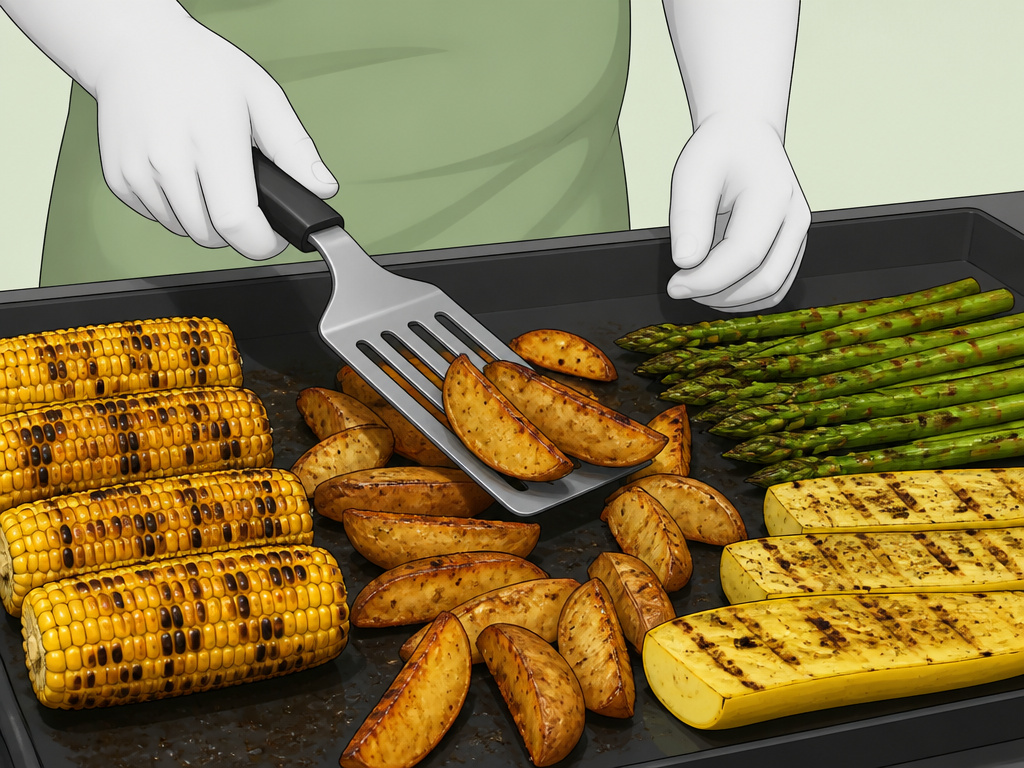 Griddle cooking vegetables like corn, asparagus, and potatoes for a side dish.