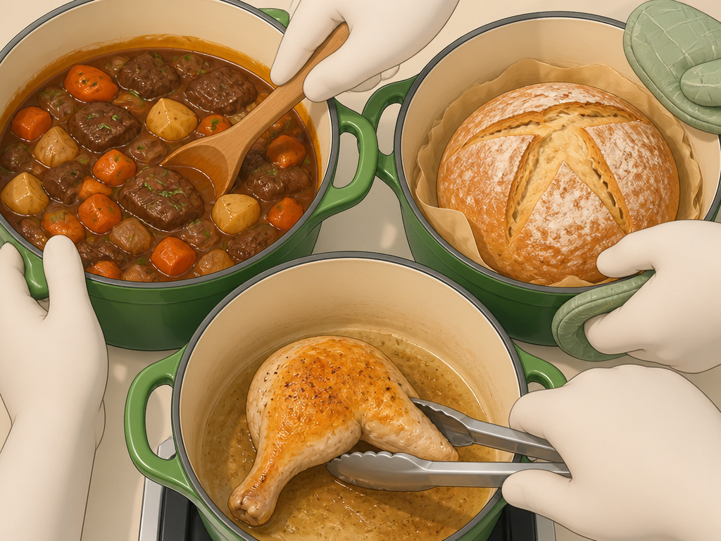 Illustrated Dutch oven versatility showing stew, bread, and frying simultaneously.
