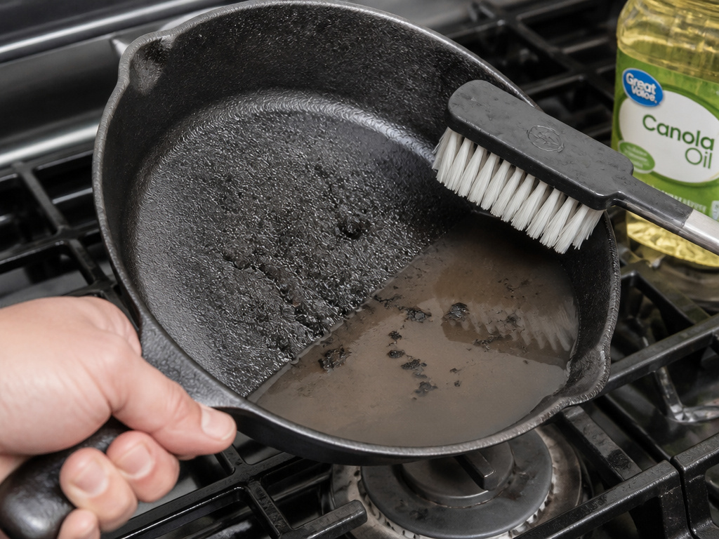Removing seasoning flakes from cast iron skillet after boiling water.