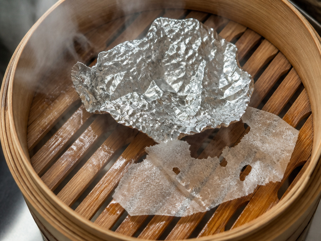 Wax paper and aluminum foil incorrectly lining a bamboo steamer basket.
