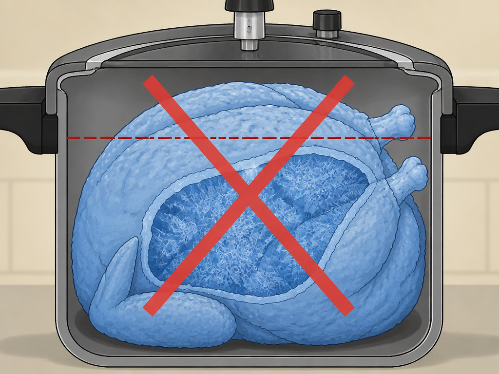 Cross-section diagram showing why a whole frozen chicken is unsafe in a pressure cooker.