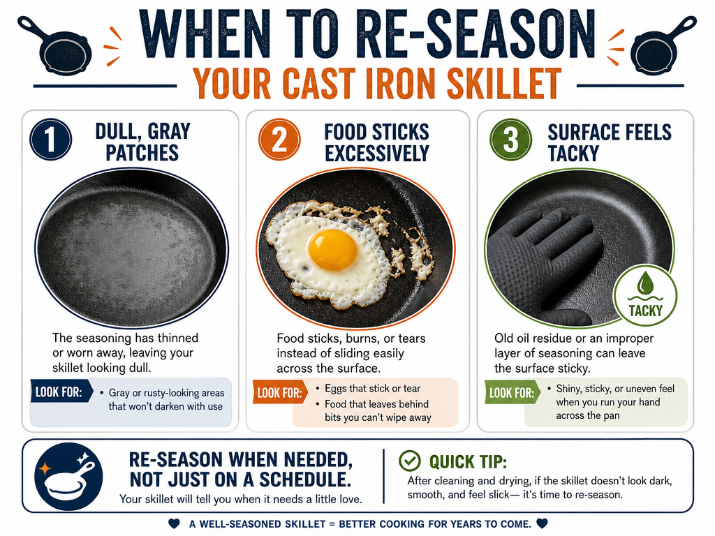 Infographic showing signs a cast iron skillet needs re-seasoning.