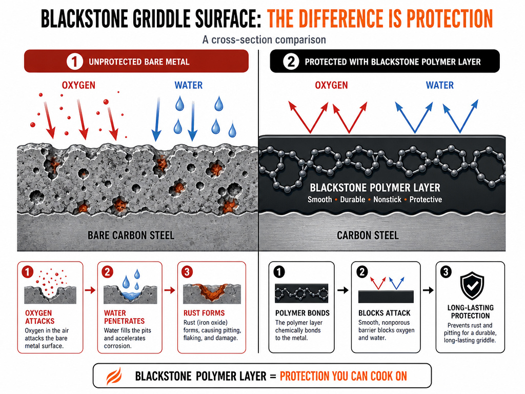 Diagram comparing unseasoned rusting griddle metal vs. Protected polymer layer